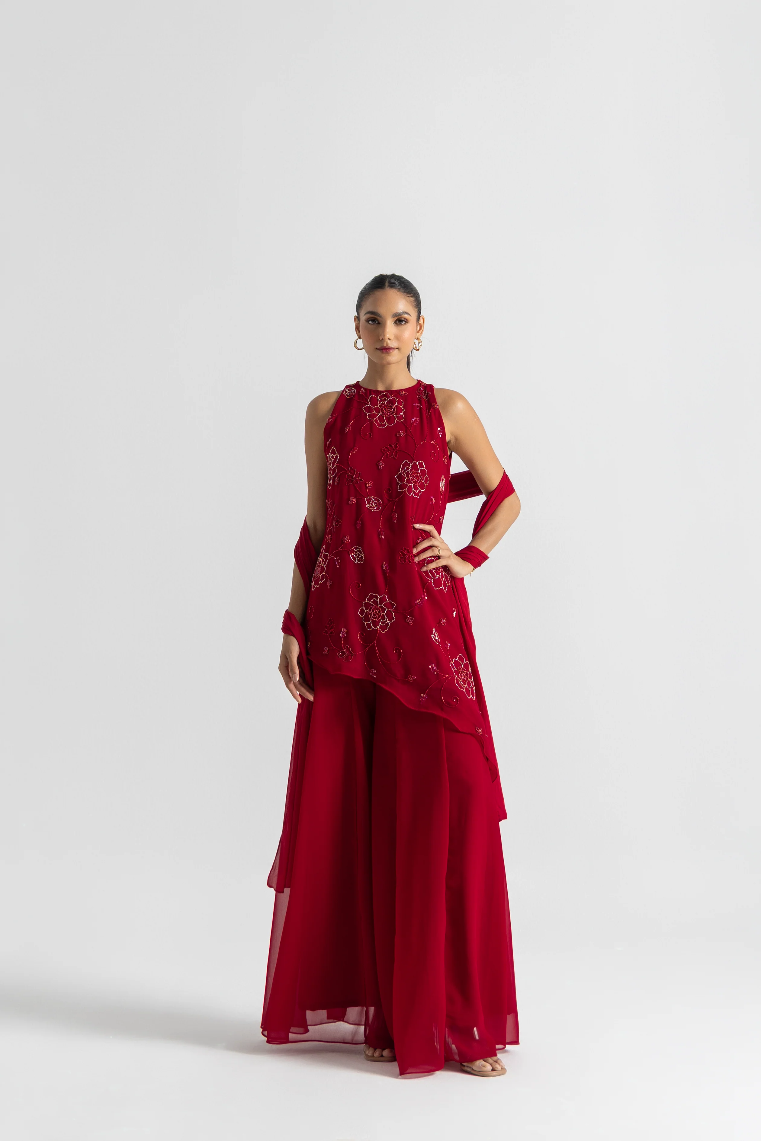 Red Asymmetric Sharara Set - Image 3