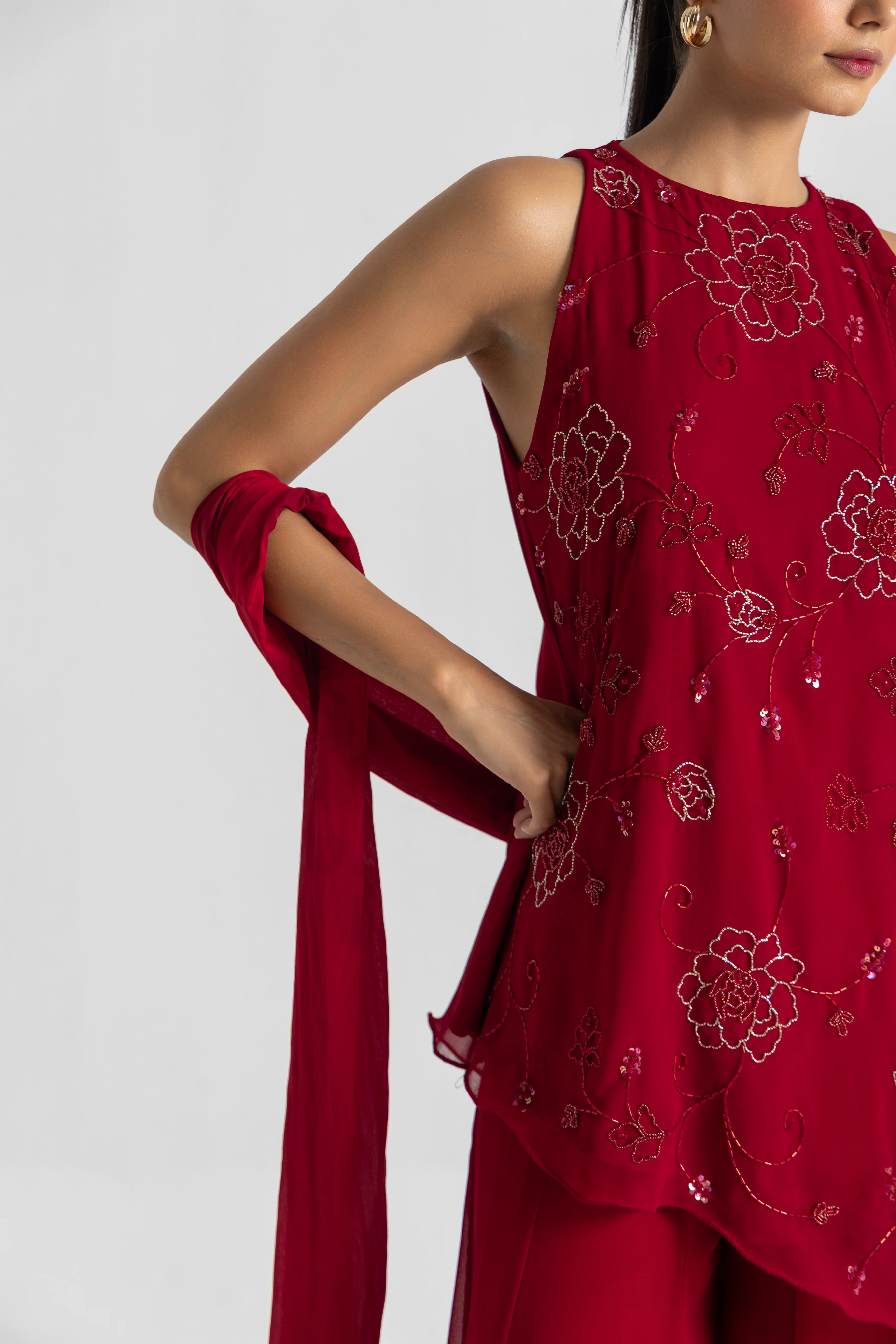 Red Asymmetric Sharara Set - Image 7
